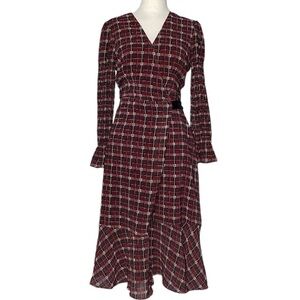 Hutch Burgundy Plaid Wrap Long Sleeve Ruffle Midi Dress